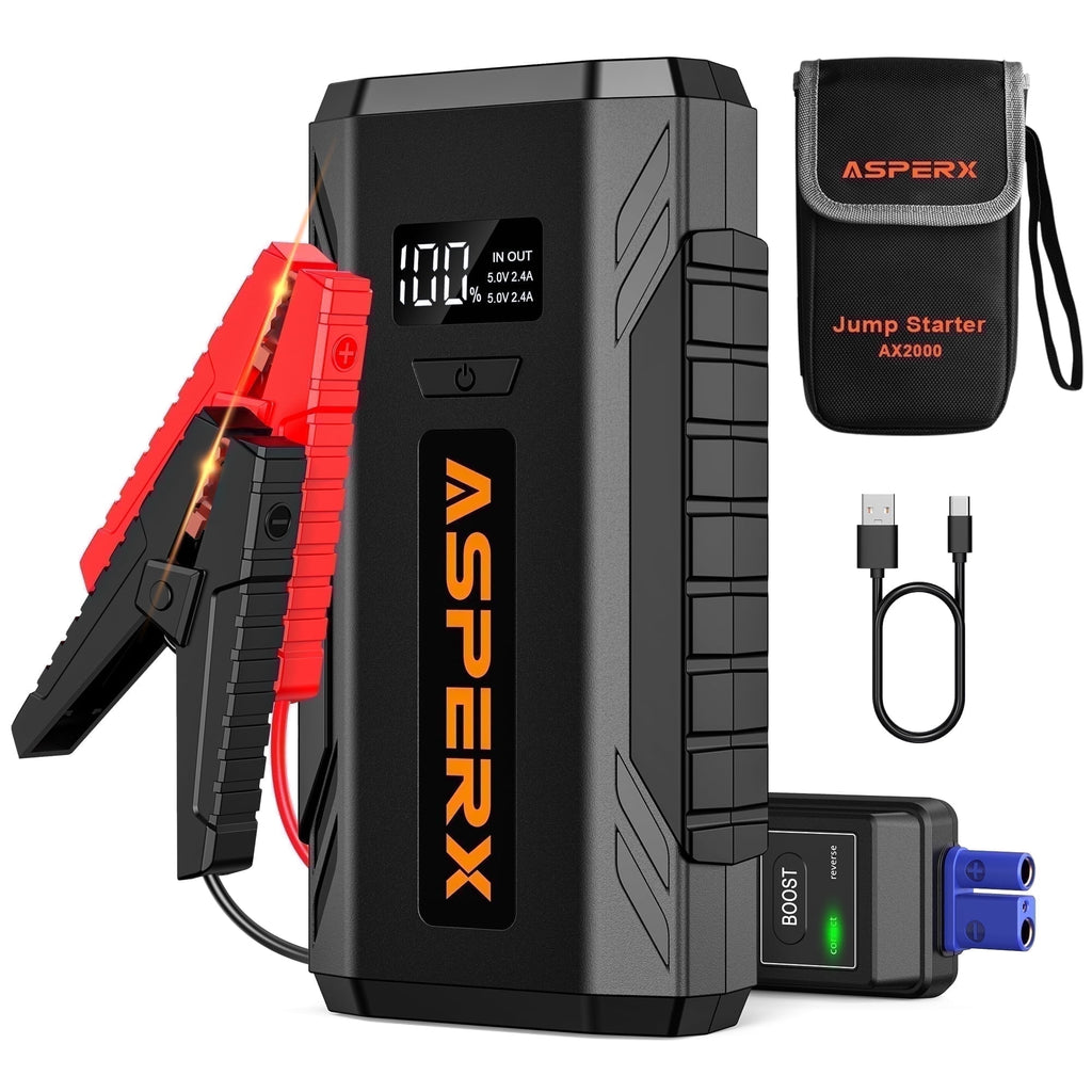 Jump Starter 2000A — Compact 12V Emergency Battery Booster with LED Light & USB