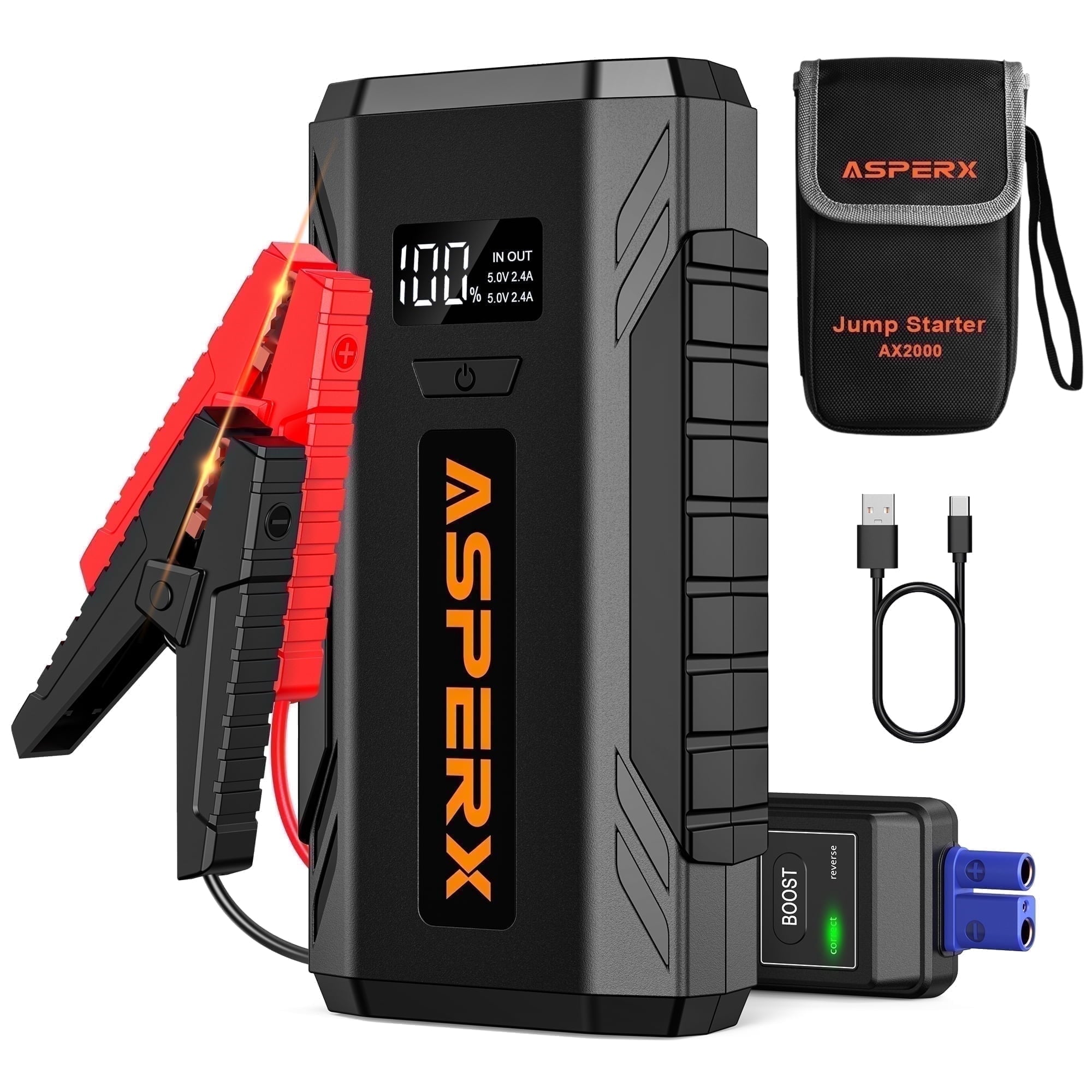 Jump Starter 2000A — Compact 12V Emergency Battery Booster with LED Light & USB