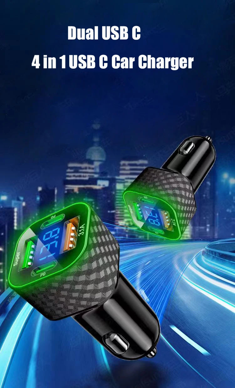 4-Port USB Car Charger — Fast Charge 3.0 + Dual USB-C, Charges 4 Devices Simultaneously