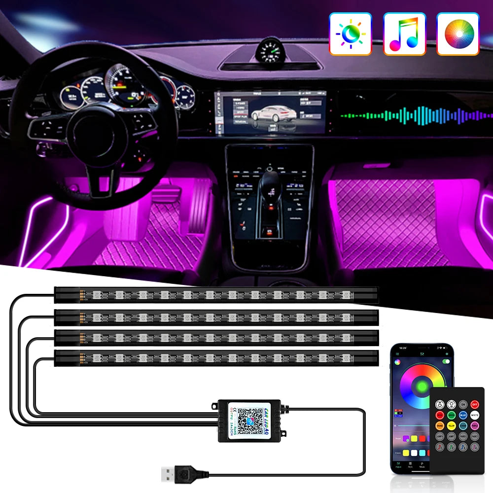 Car Interior LED Ambient Strip Lights — Music Sync, 16M Colors, App & Remote
