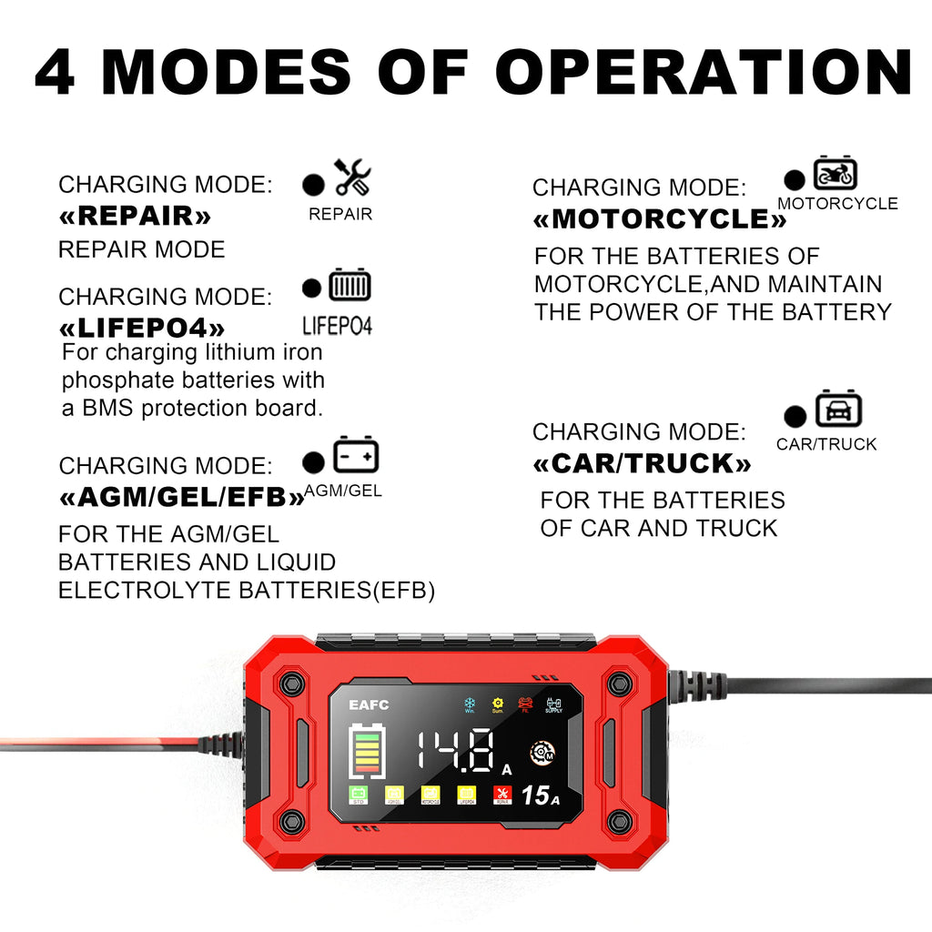Newest 12V Car Battery Charger 15A/8A Pulse Repair Large Display Smart Charger for Car Motorcycle Lead Acid AGM GEL Batteries