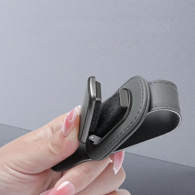 Car Sun Visor Glasses Holder — Leather Clip for Sunglasses & Cards
