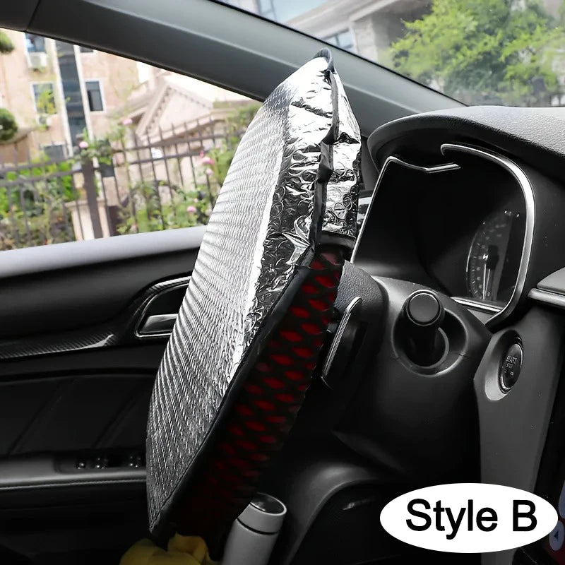 Steering Wheel Sun Shade — Double-Thick Foldable Cover, Anti-UV Silver