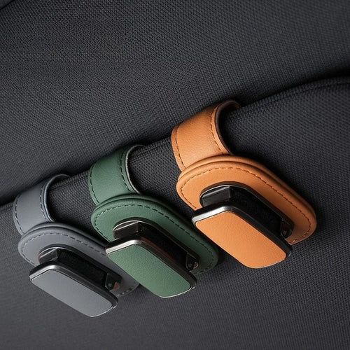 Car Sun Visor Glasses Holder — Leather Clip for Sunglasses & Cards
