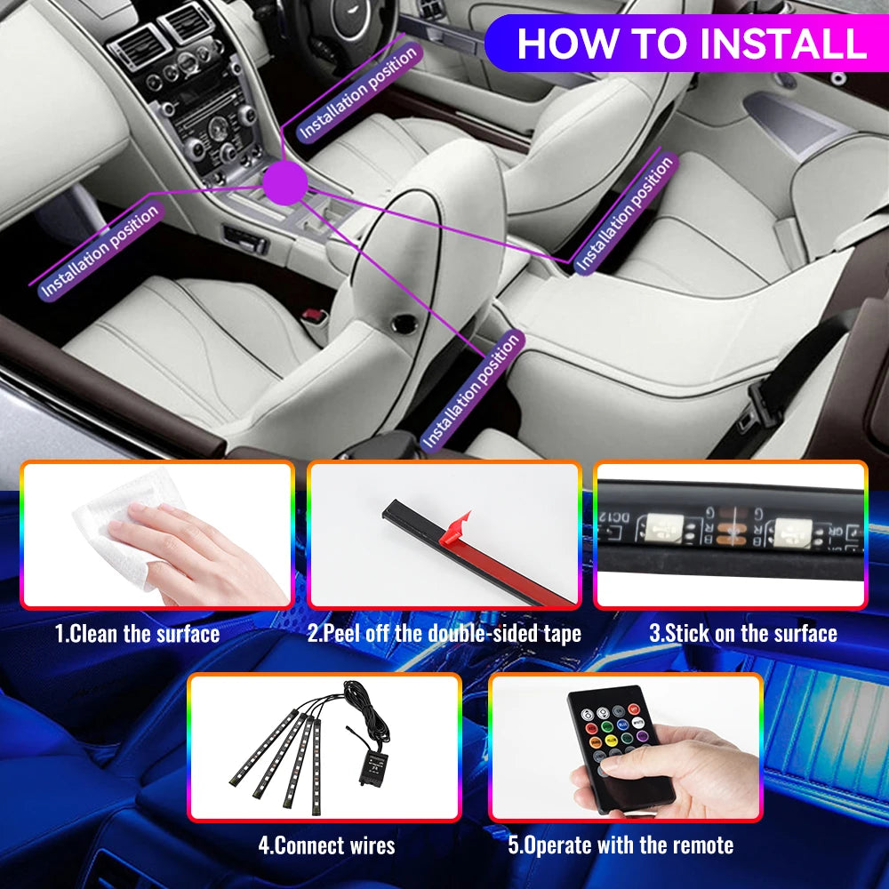 Car Interior LED Ambient Strip Lights — Music Sync, 16M Colors, App & Remote