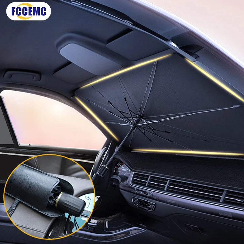 Umbrella-Style Car Sun Shade — Front Windshield UV Protection