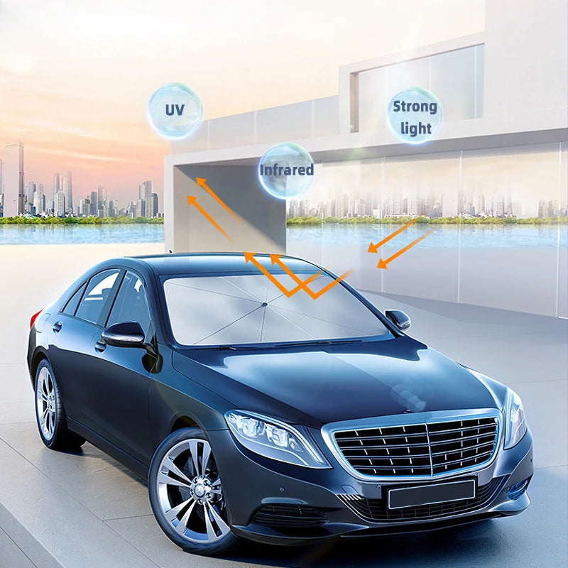 Umbrella-Style Car Sun Shade — Front Windshield UV Protection