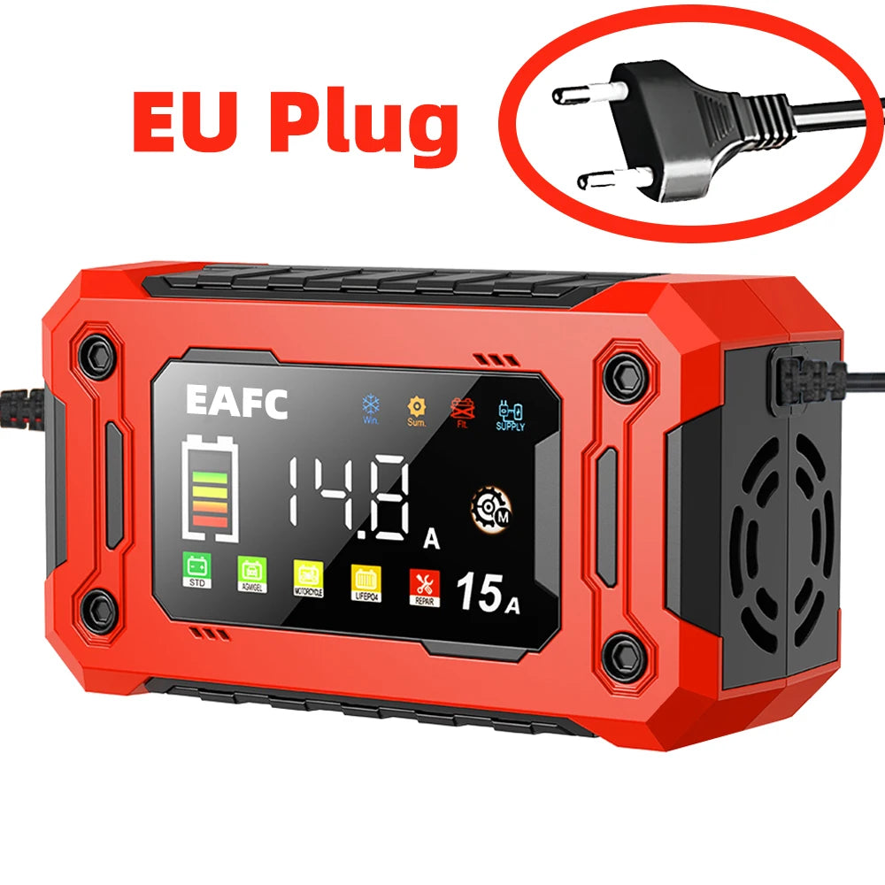 Smart 12V Car Battery Charger — 15A/8A with Pulse Repair & Digital Display