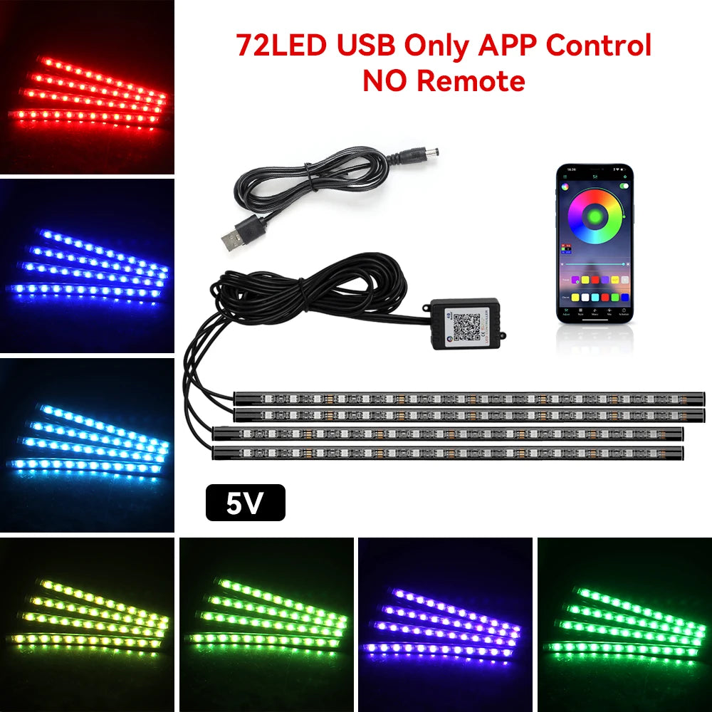 Car Interior LED Ambient Strip Lights — Music Sync, 16M Colors, App & Remote