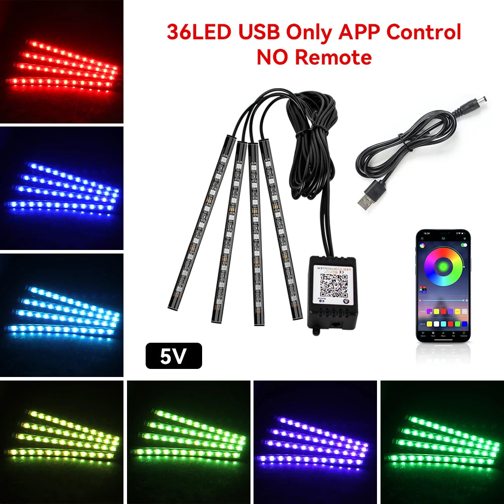 Car Interior LED Ambient Strip Lights — Music Sync, 16M Colors, App & Remote