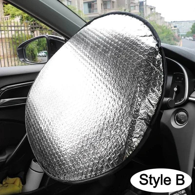 Steering Wheel Sun Shade — Double-Thick Foldable Cover, Anti-UV Silver