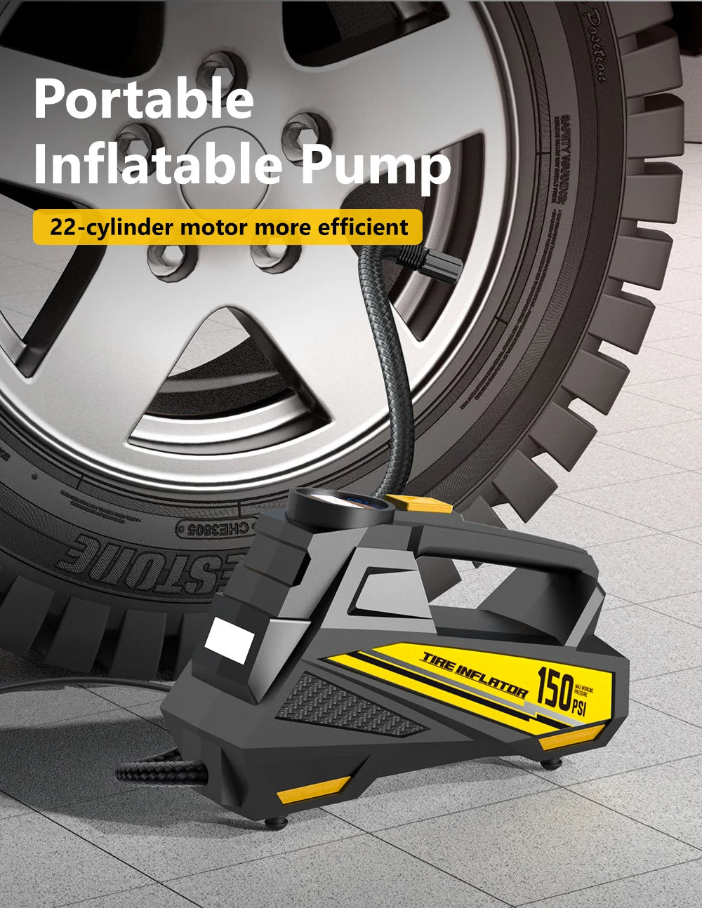 Portable Air Compressor — 150 PSI 12V Tire Inflator