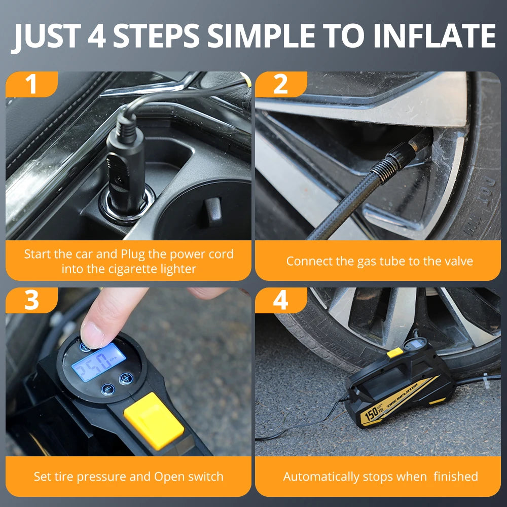 Portable Air Compressor — 150 PSI 12V Tire Inflator
