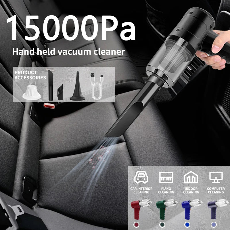 Handheld Car Vacuum — 15,000PA Cordless, Blow & Suction, Multiple Nozzles