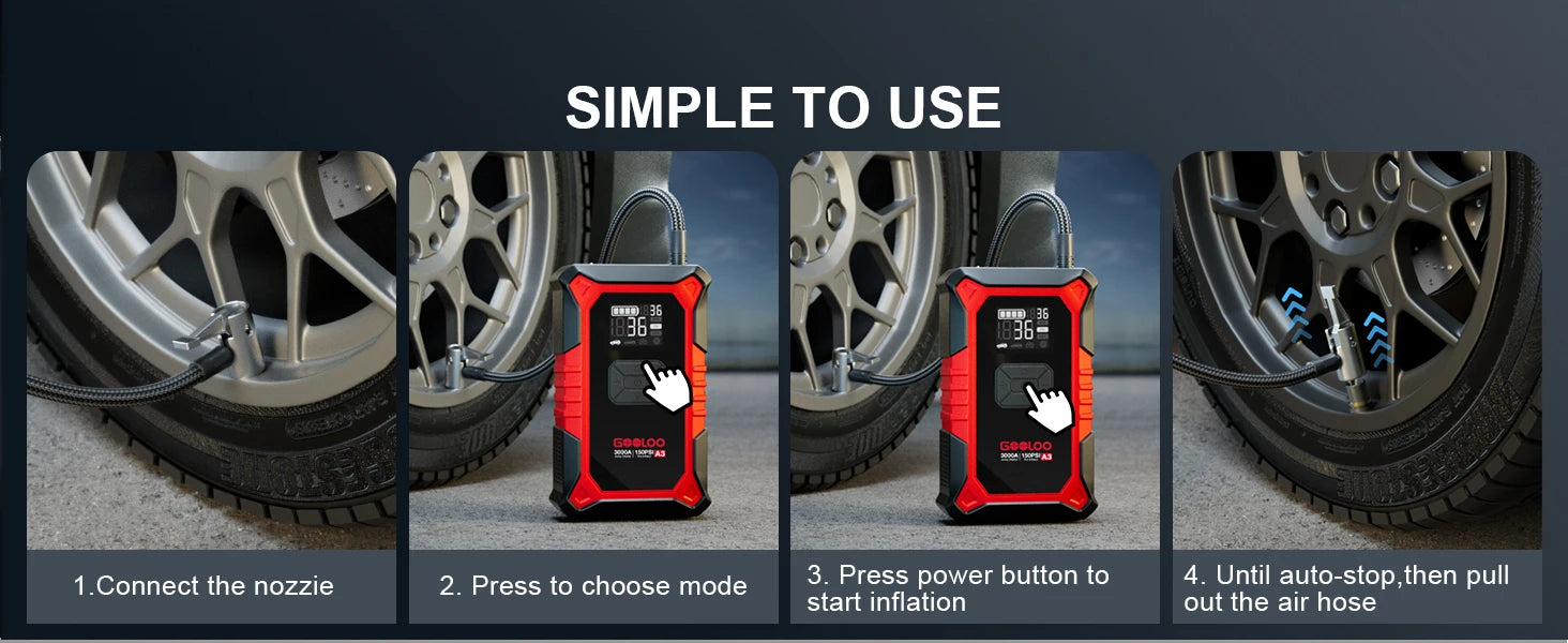 GOOLOO A3 Jump Starter with Air Compressor, 3000A Portable Car Battery Booster (9.0 Gas/6.5L Diesel) with 150PSI Auto-Shutoff Ti
