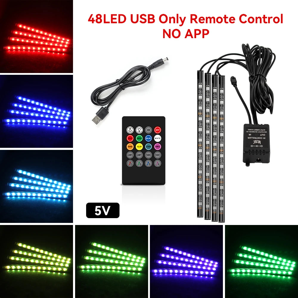 Car Interior LED Ambient Strip Lights — Music Sync, 16M Colors, App & Remote