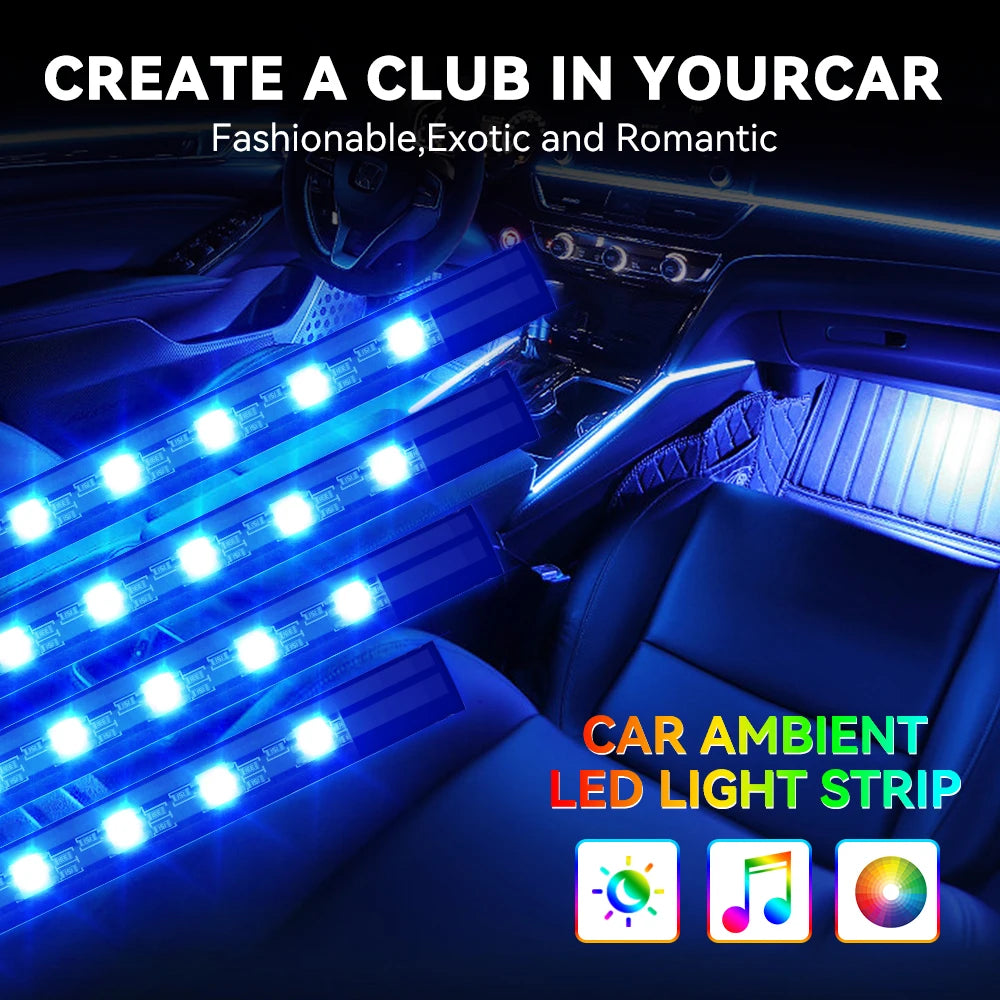 Car Interior LED Ambient Strip Lights — Music Sync, 16M Colors, App & Remote