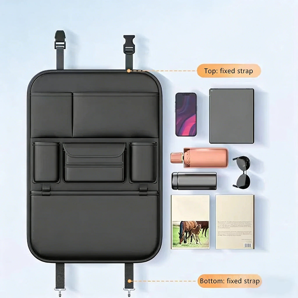 6-Pocket Seat Back Organizer — Anti-Kick Pad, Cup Holder & Device Storage, Universal Fit
