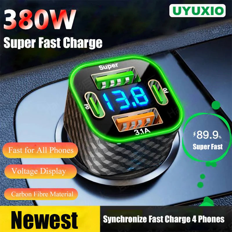4-Port USB Car Charger — Fast Charge 3.0 + Dual USB-C, Charges 4 Devices Simultaneously