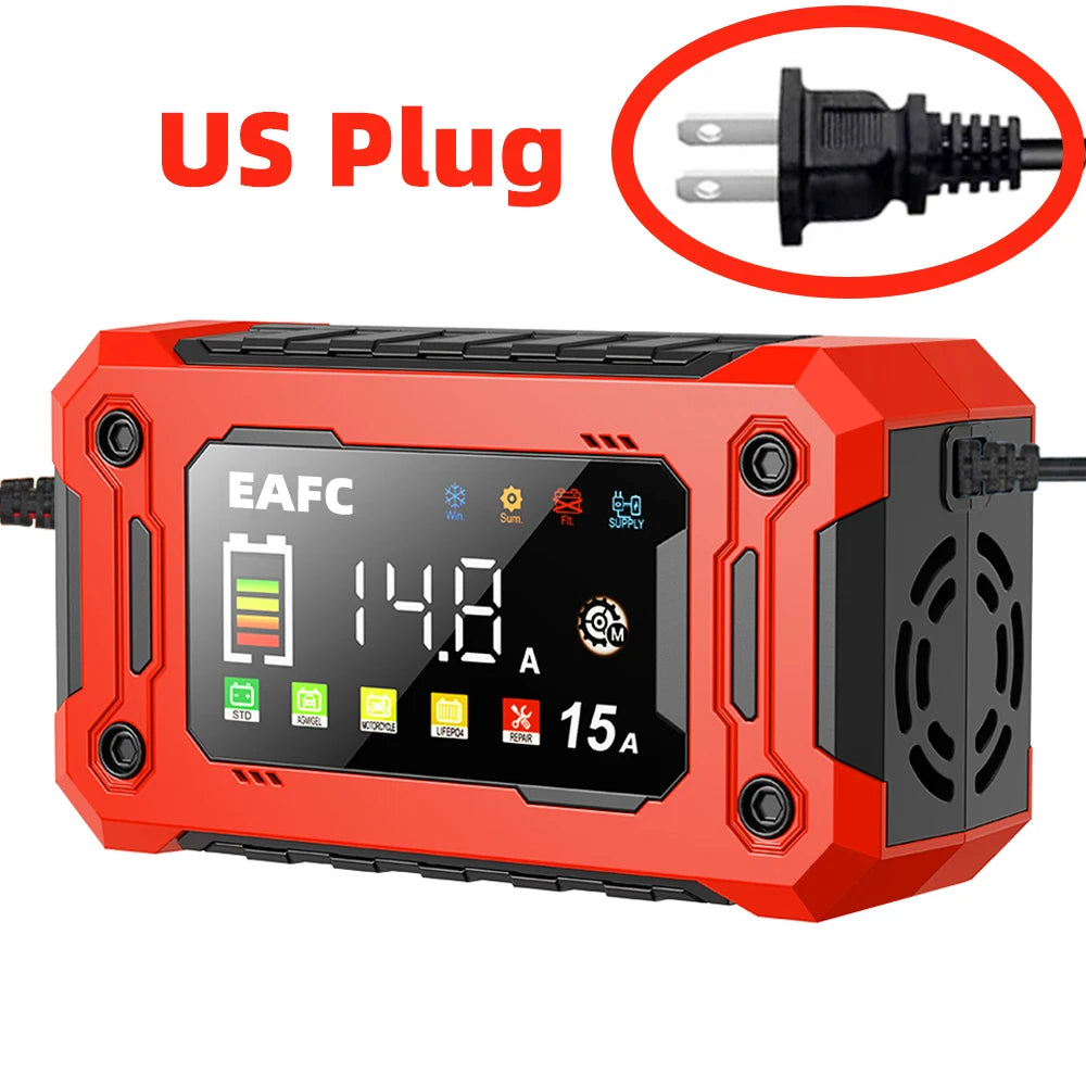 Smart 12V Car Battery Charger — 15A/8A with Pulse Repair & Digital Display