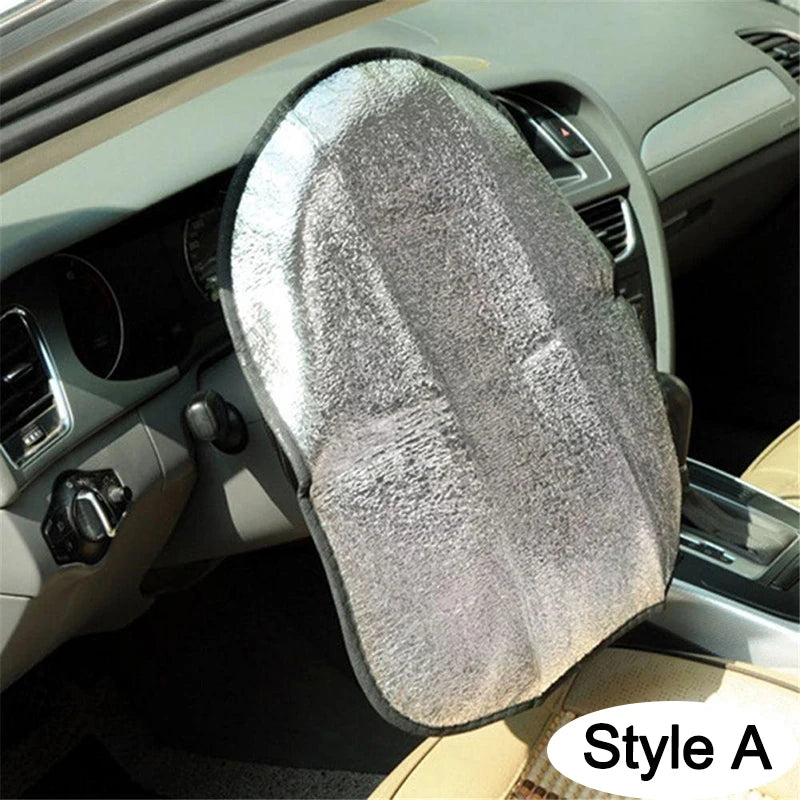 Steering Wheel Sun Shade — Double-Thick Foldable Cover, Anti-UV Silver