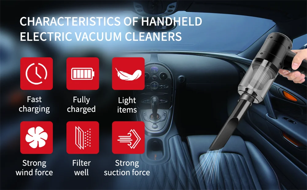 Handheld Car Vacuum — 15,000PA Cordless, Blow & Suction, Multiple Nozzles