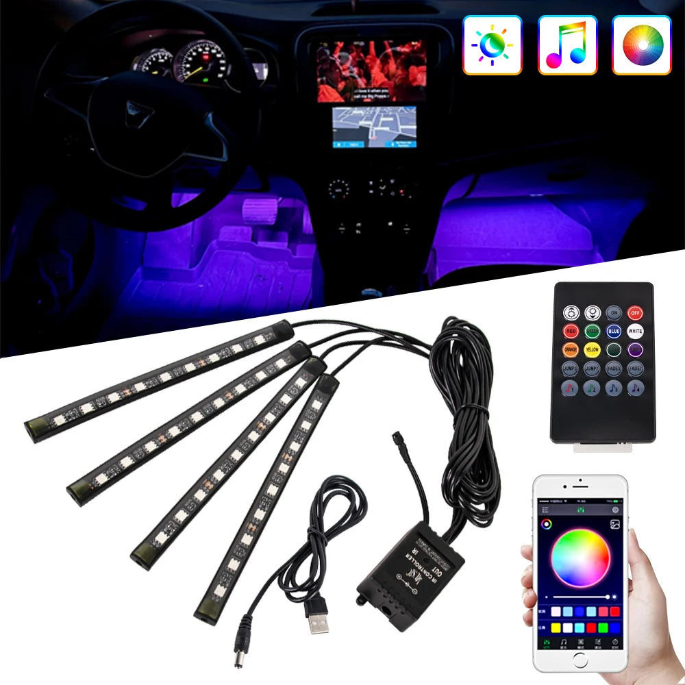 Car Interior LED Ambient Strip Lights — Music Sync, 16M Colors, App & Remote