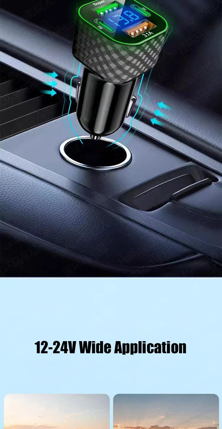 4-Port USB Car Charger — Fast Charge 3.0 + Dual USB-C, Charges 4 Devices Simultaneously