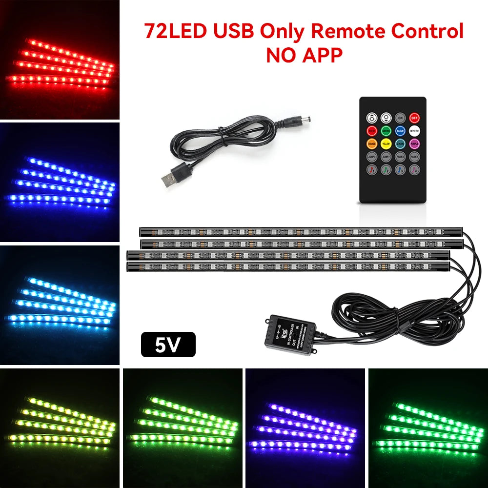 Car Interior LED Ambient Strip Lights — Music Sync, 16M Colors, App & Remote