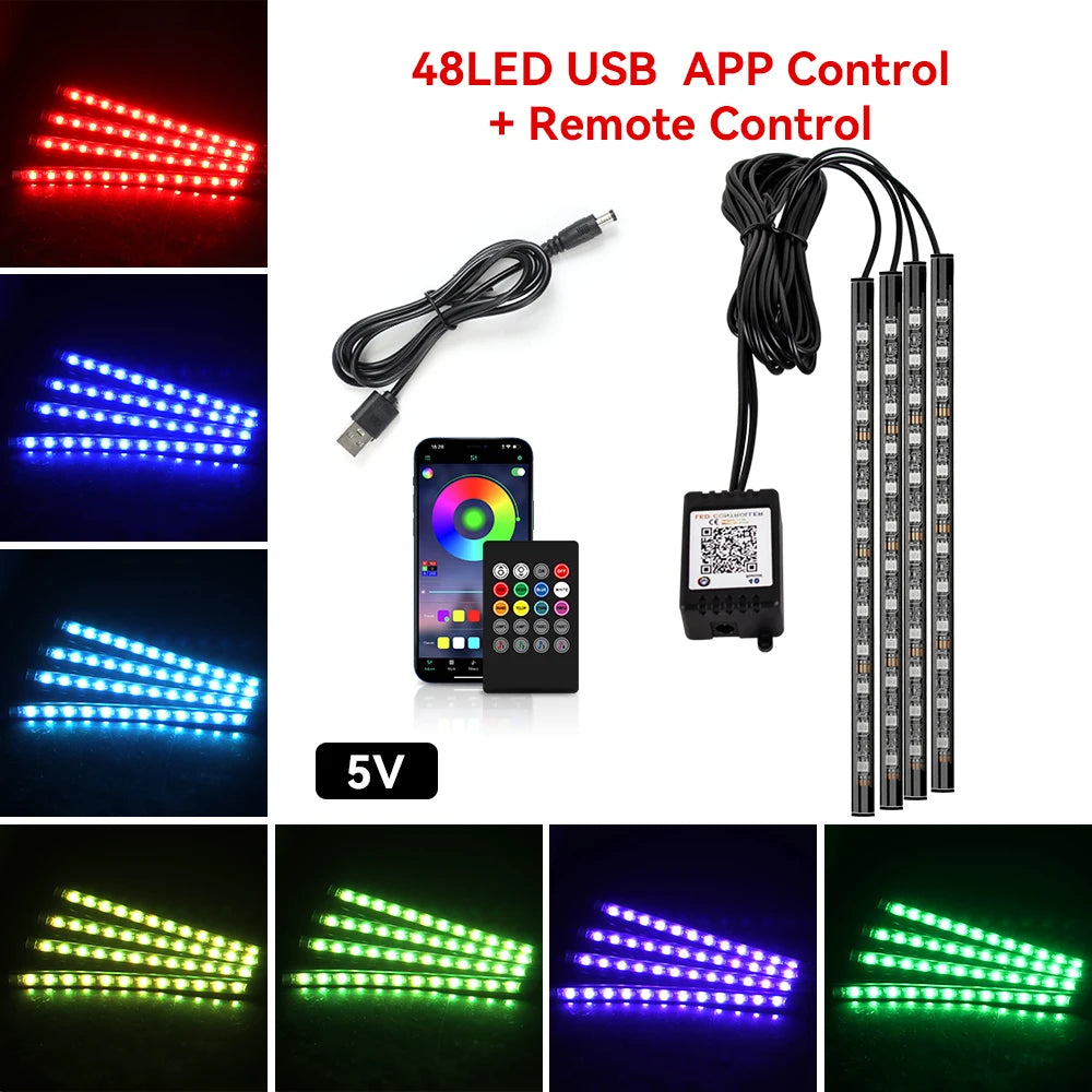 Car Interior LED Ambient Strip Lights — Music Sync, 16M Colors, App & Remote