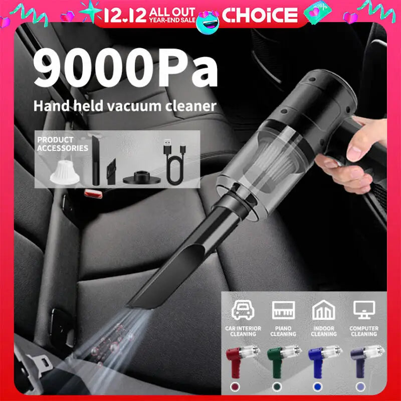 Handheld Car Vacuum — 15,000PA Cordless, Blow & Suction, Multiple Nozzles