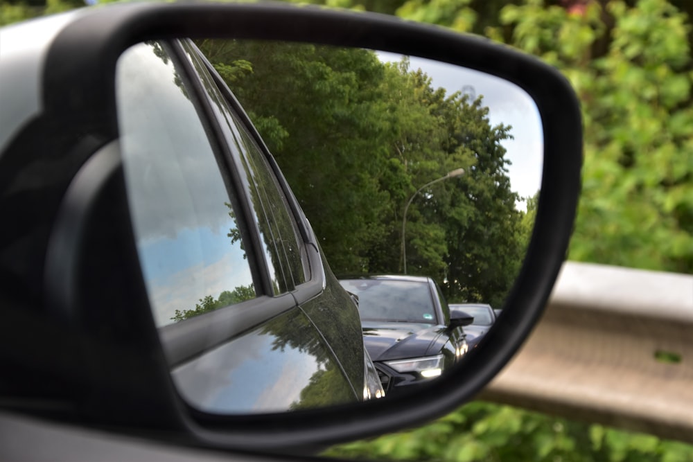 Black car side mirror reflecting green trees