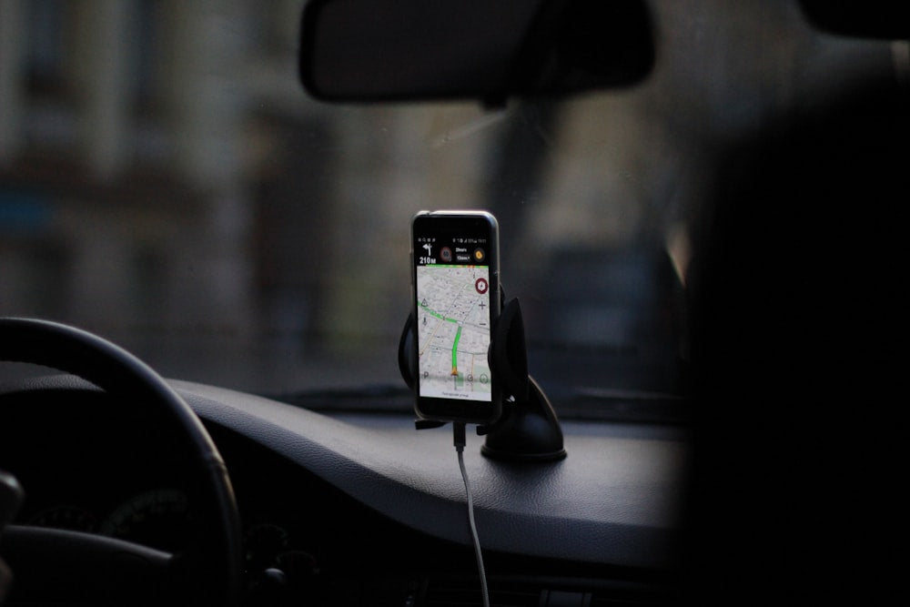 Phone mounted on car windshield
