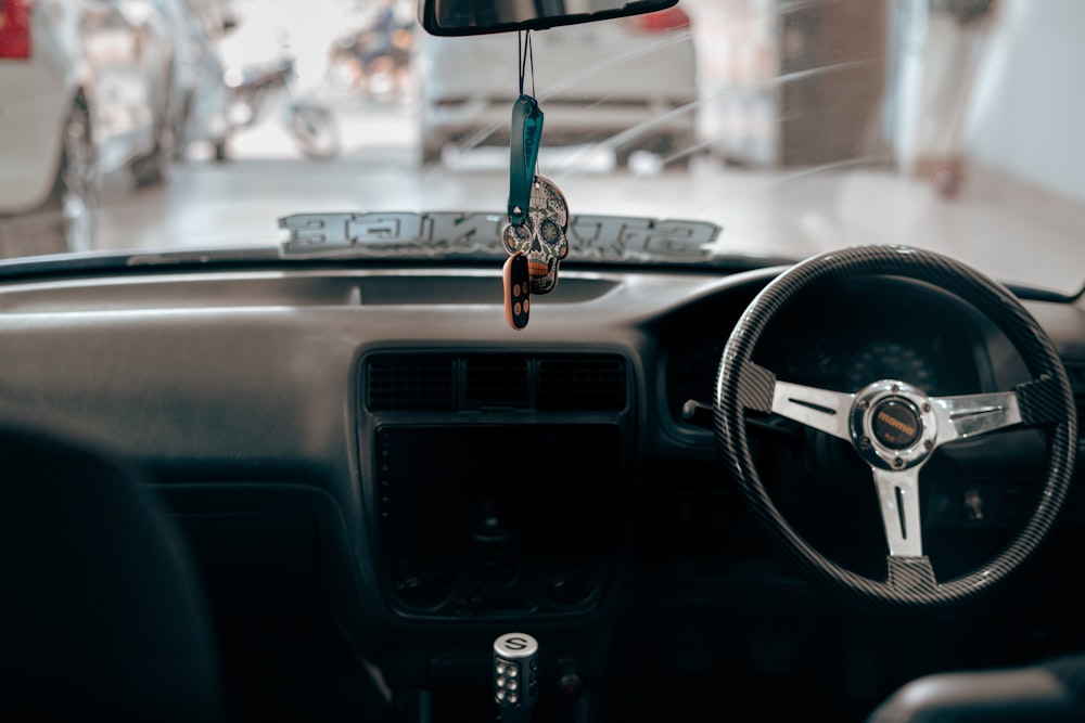 Car dashboard and steering wheel interior view